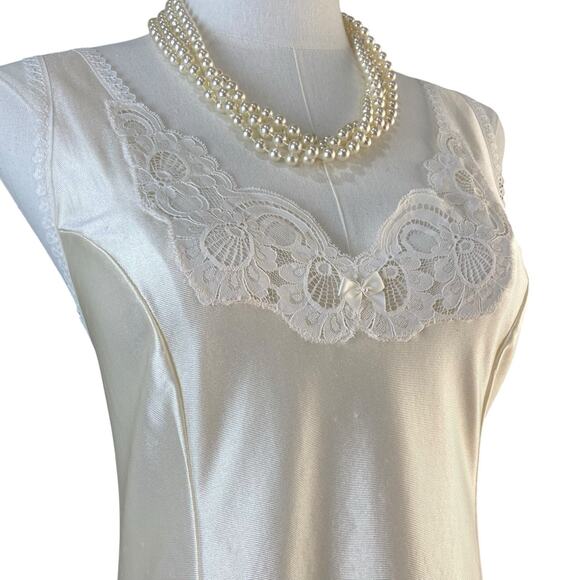 Vintage 70s Creamy White Satin Nylon Lace & Bow Full Slip Dress Women's Size M - Picture 4 of 8